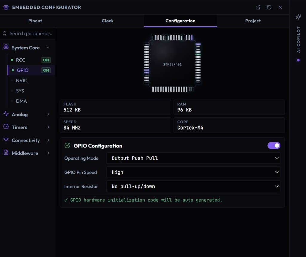 HARDCOREAI embedded configurator — pin mapping interface