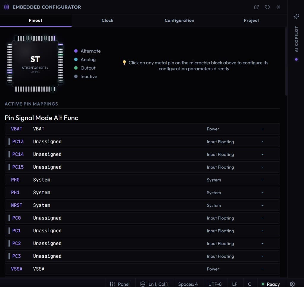 HARDCOREAI IDE — Embedded Configurator with pin mapping, clock tree, and AI copilot